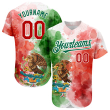 Load image into Gallery viewer, Custom Kelly Green Red-White 3D Mexican Flag Watercolored Splashes Grunge Design Authentic Baseball Jersey
