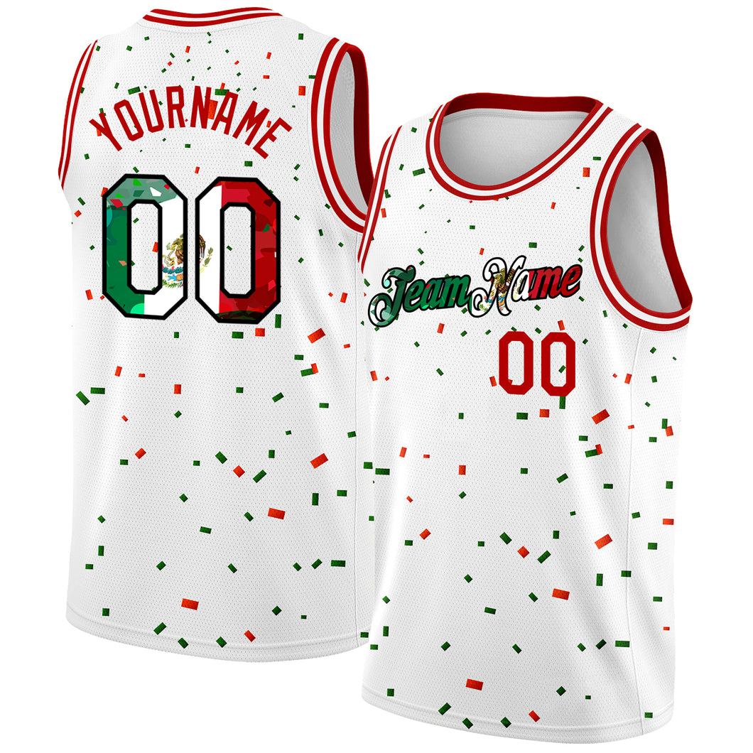 Custom White Mexican Flag Red-Kelly Green-Black 3D Authentic Basketball Jersey