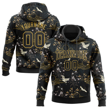 Custom Stitched Black Old Gold 3D Pattern Design Heron And Flower Sports Pullover Sweatshirt Hoodie
