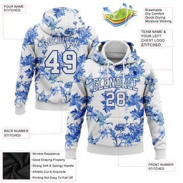 Custom Stitched White Royal 3D Pattern Design Heron And Flower Sports Pullover Sweatshirt Hoodie