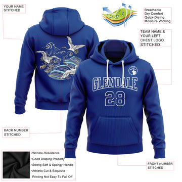 Custom Stitched Royal White 3D Pattern Design Crane And Cloud Sports Pullover Sweatshirt Hoodie