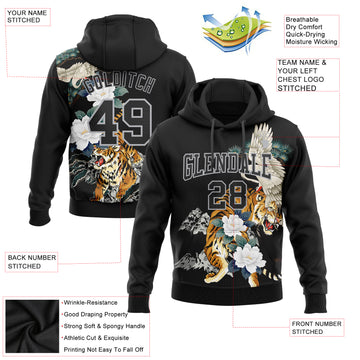 Custom Stitched Black Gray 3D Pattern Design Crane And Tiger Sports Pullover Sweatshirt Hoodie