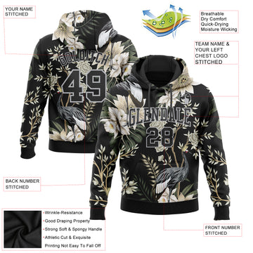 Custom Stitched Black Gray 3D Pattern Design Heron And Flower Sports Pullover Sweatshirt Hoodie