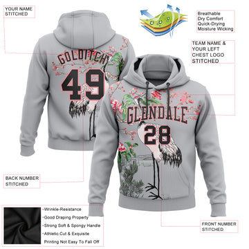 Custom Stitched Gray Black-Medium Pink 3D Pattern Design Heron And Flower Sports Pullover Sweatshirt Hoodie