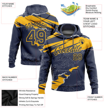 Custom Stitched Navy Gold 3D Pattern Design Torn Paper Style Sports Pullover Sweatshirt Hoodie