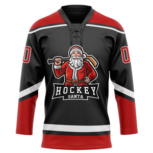 Custom Black Red-White Christmas Santa Claus 3D Hockey Lace Neck Jersey