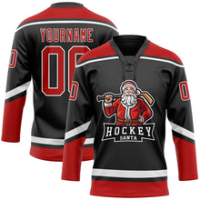 Load image into Gallery viewer, Custom Black Red-White Christmas Santa Claus 3D Hockey Lace Neck Jersey
