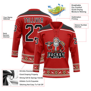 Custom Red Black-White Christmas Santa Claus 3D Hockey Lace Neck Jersey