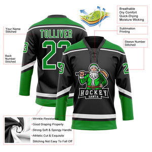 Custom Black Grass Green-White Christmas Santa Claus 3D Hockey Lace Neck Jersey