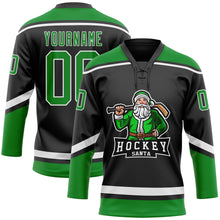 Load image into Gallery viewer, Custom Black Grass Green-White Christmas Santa Claus 3D Hockey Lace Neck Jersey
