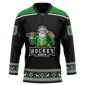 Custom Black Grass Green-White Christmas Santa Claus 3D Hockey Lace Neck Jersey