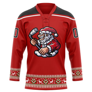 Custom Red Black-White Christmas Santa Claus 3D Hockey Lace Neck Jersey