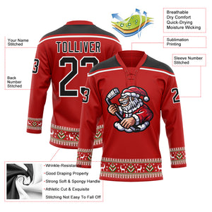 Custom Red Black-White Christmas Santa Claus 3D Hockey Lace Neck Jersey