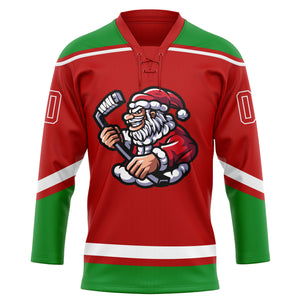 Custom Red Grass Green-White Christmas Santa Claus 3D Hockey Lace Neck Jersey