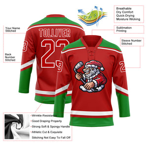 Custom Red Grass Green-White Christmas Santa Claus 3D Hockey Lace Neck Jersey