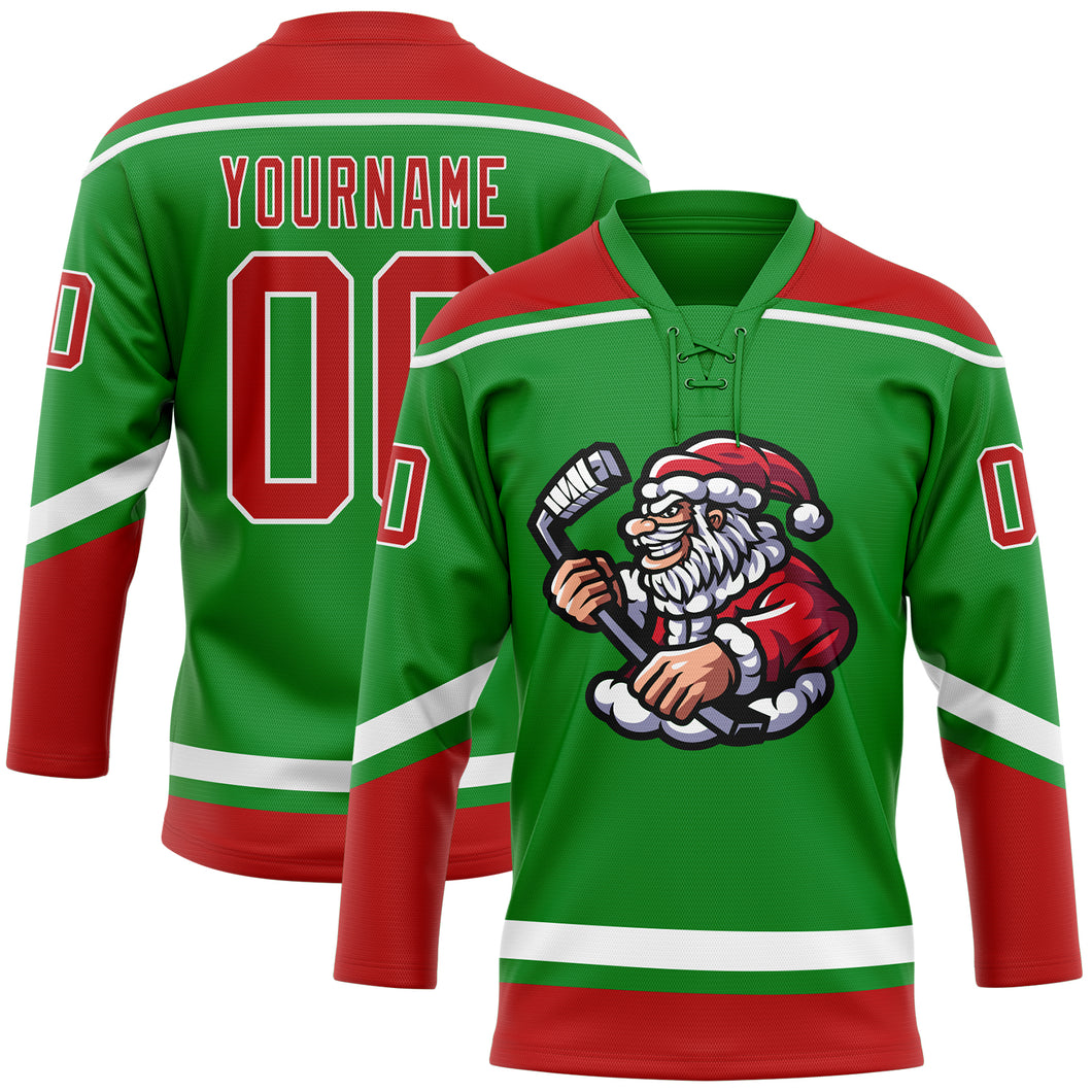 Custom Grass Green Red-White Christmas Santa Claus 3D Hockey Lace Neck Jersey