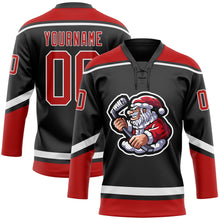 Load image into Gallery viewer, Custom Black Red-White Christmas Santa Claus 3D Hockey Lace Neck Jersey
