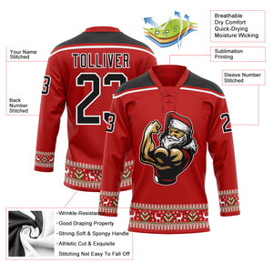 Custom Red Black-White Christmas Santa Claus 3D Hockey Lace Neck Jersey