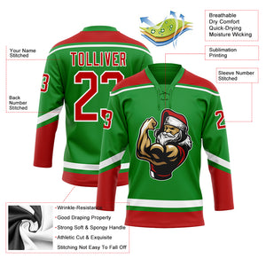 Custom Grass Green Red-White Christmas Santa Claus 3D Hockey Lace Neck Jersey