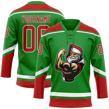 Custom Grass Green Red-White Christmas Santa Claus 3D Hockey Lace Neck Jersey