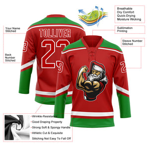 Custom Red Grass Green-White Christmas Santa Claus 3D Hockey Lace Neck Jersey