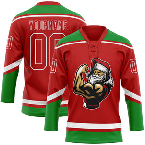 Custom Red Grass Green-White Christmas Santa Claus 3D Hockey Lace Neck Jersey