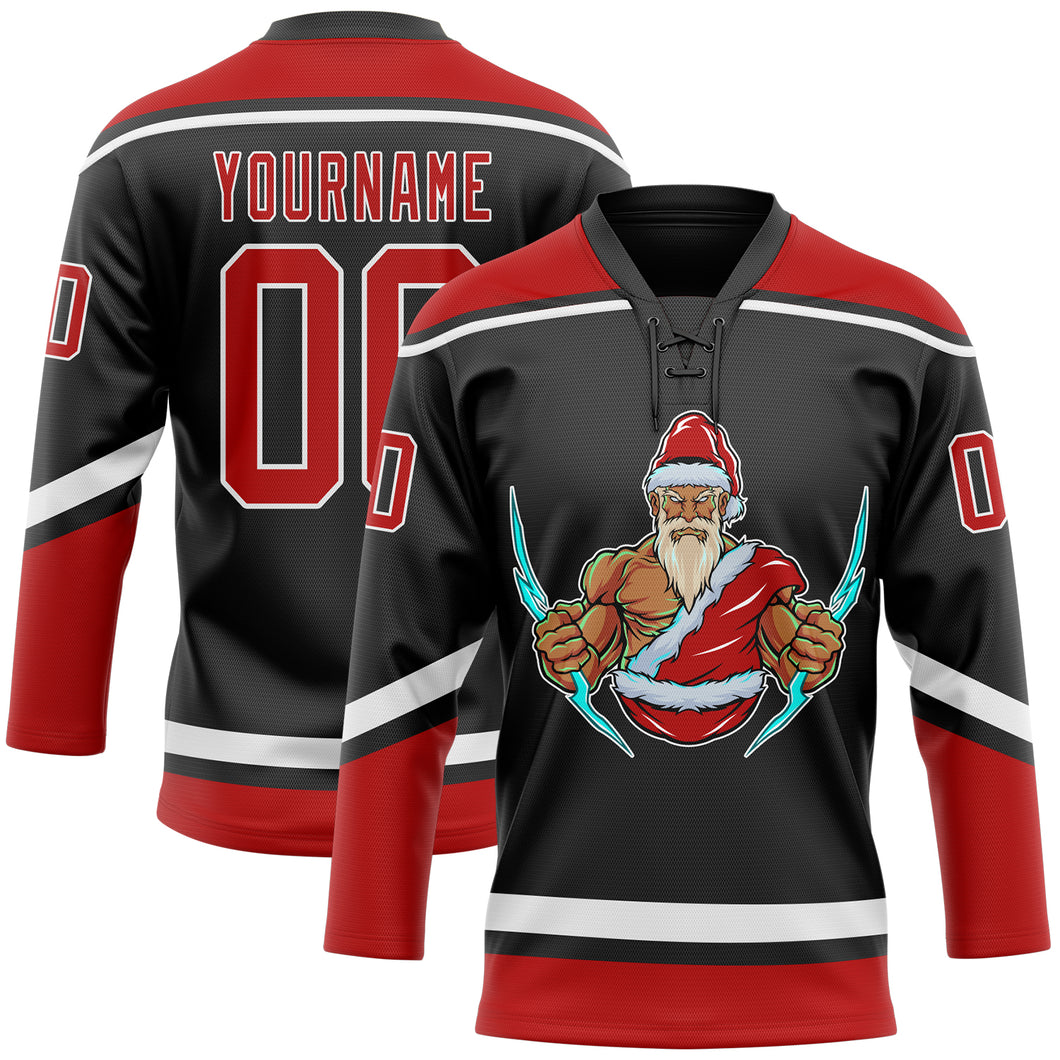 Custom Black Red-White Christmas Santa Claus 3D Hockey Lace Neck Jersey