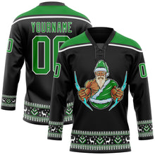 Load image into Gallery viewer, Custom Black Grass Green-White Christmas Santa Claus 3D Hockey Lace Neck Jersey
