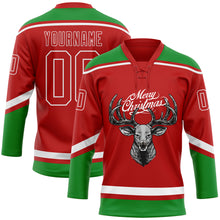 Load image into Gallery viewer, Custom Red Grass Green-White Christmas Reindeer 3D Hockey Lace Neck Jersey
