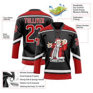 Custom Black Red-White Christmas Santa Claus 3D Hockey Lace Neck Jersey