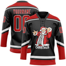 Load image into Gallery viewer, Custom Black Red-White Christmas Santa Claus 3D Hockey Lace Neck Jersey
