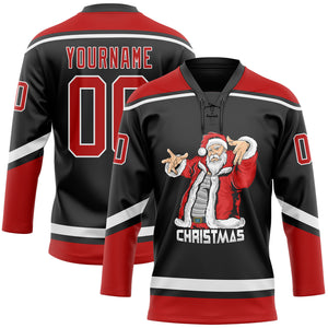 Custom Black Red-White Christmas Santa Claus 3D Hockey Lace Neck Jersey