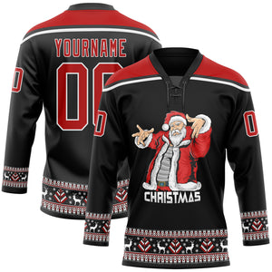 Custom Black Red-White Christmas Santa Claus 3D Hockey Lace Neck Jersey