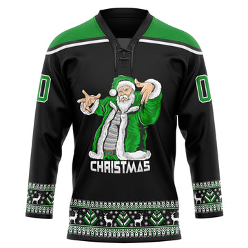 Custom Black Grass Green-White Christmas Santa Claus 3D Hockey Lace Neck Jersey