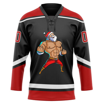 Custom Black Red-White Christmas Santa Claus 3D Hockey Lace Neck Jersey