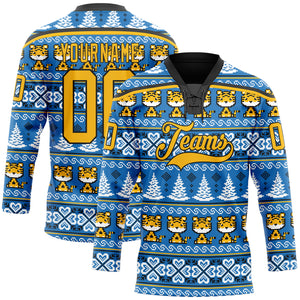 Custom Light Blue Gold-Black Christmas Tree And Tiger 3D Hockey Lace Neck Jersey