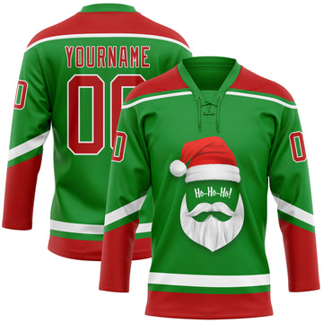 Custom Grass Green Red-White Christmas Santa Claus 3D Hockey Lace Neck Jersey