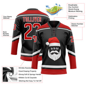 Custom Black Red-White Christmas Santa Claus 3D Hockey Lace Neck Jersey