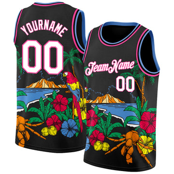 Custom Black White Pink-Light Blue 3D Pattern Tropical Beach Hawaii Palm Trees Authentic Basketball Jersey