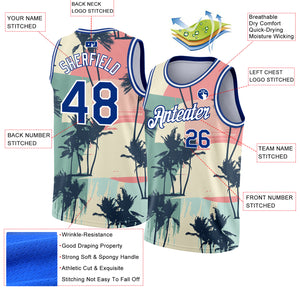 Custom Cream Royal-White 3D Pattern Tropical Hawaii Trees Authentic Basketball Jersey