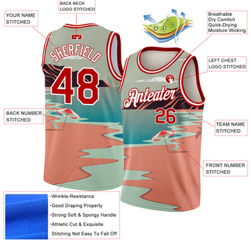 Custom Teal Red-White 3D Pattern Tropical Beach Hawaii Palm Trees Authentic Basketball Jersey