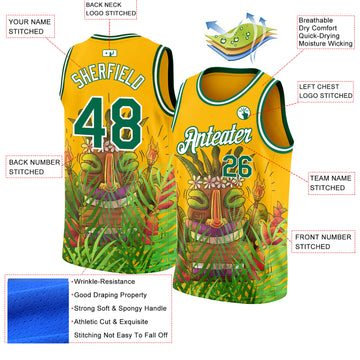 Custom Gold Kelly Green-White 3D Pattern Cartoon Tropical Hawaii Rainforest Authentic Basketball Jersey