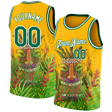 Custom Gold Kelly Green-White 3D Pattern Cartoon Tropical Hawaii Rainforest Authentic Basketball Jersey
