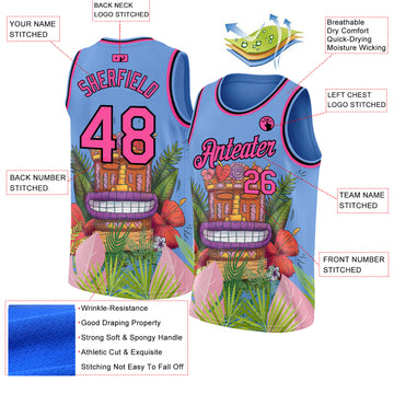 Custom Light Blue Pink-Black 3D Pattern Cartoon Tropical Hawaii Rainforest Authentic Basketball Jersey