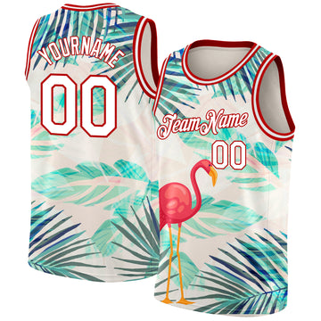 Custom White Red 3D Pattern Tropical Hawaii Leaves And Flamingo Authentic Basketball Jersey