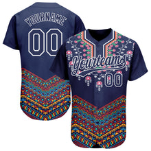 Load image into Gallery viewer, Custom Navy White 3D Pattern Design Vintage Floral African Ethnic Style Authentic Baseball Jersey
