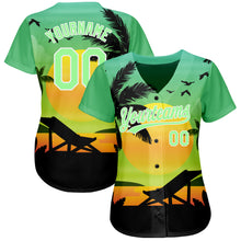 Load image into Gallery viewer, Custom Pea Green Black-White 3D Pattern Design Hawaii Palm Trees And Beach Sunset Authentic Baseball Jersey
