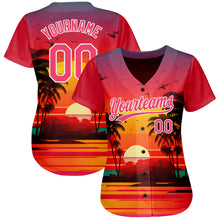 Load image into Gallery viewer, Custom Neon Pink White 3D Pattern Design Hawaii Palm Trees And Beach Sunrise Authentic Baseball Jersey
