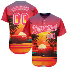 Load image into Gallery viewer, Custom Neon Pink White 3D Pattern Design Hawaii Palm Trees And Beach Sunrise Authentic Baseball Jersey
