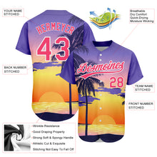 Load image into Gallery viewer, Custom Purple Neon Pink-White 3D Pattern Design Hawaii Palm Trees And Beach Sunrise Authentic Baseball Jersey
